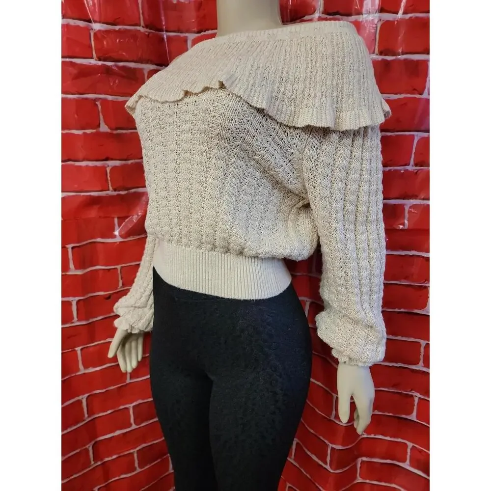 Cream Free People Meyer Lemon Balloon Sleeve Ruffle Pullover Sweater Size M #F - Picture 5 of 8